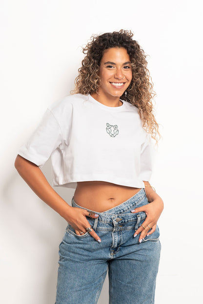 Green Rhinestone White Crop Top