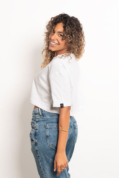 Blue Rhinestone White Crop Top